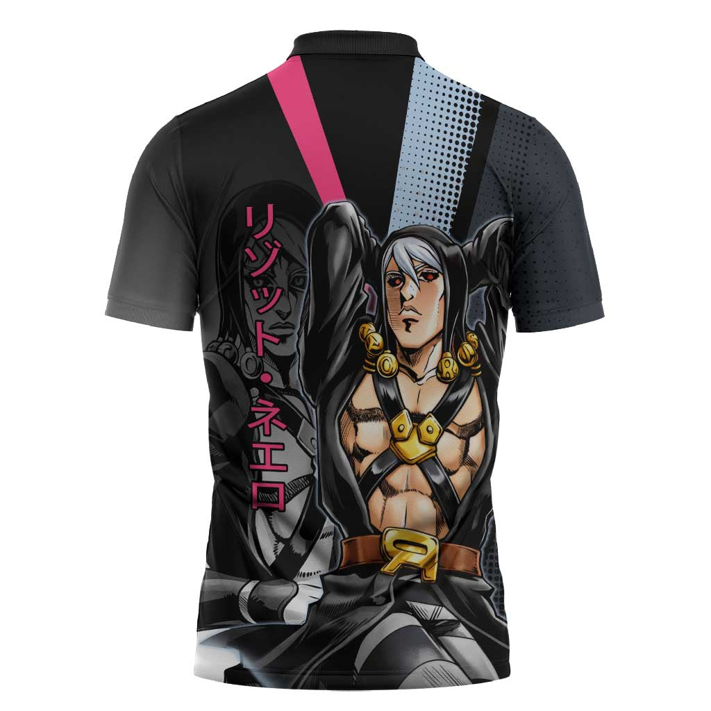 Risotto Nero JoJo’s Bizarre Adventure Zipper Polo Shirt with Dark Manga Style Graphic - The Mazicc