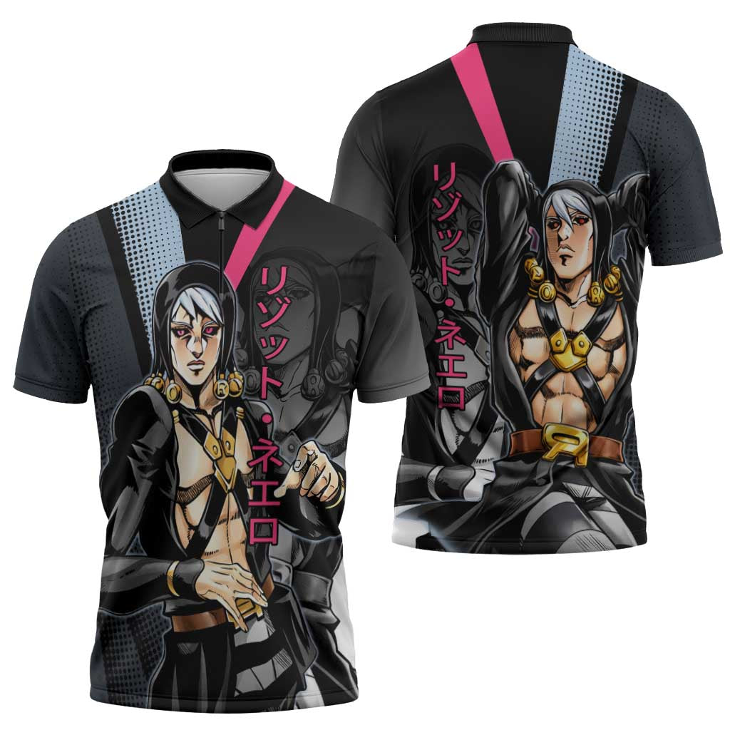Risotto Nero JoJo’s Bizarre Adventure Zipper Polo Shirt with Dark Manga Style Graphic - The Mazicc