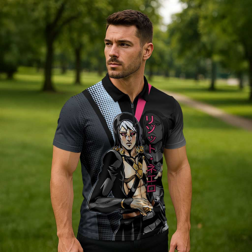 Risotto Nero JoJo’s Bizarre Adventure Zipper Polo Shirt with Dark Manga Style Graphic - The Mazicc
