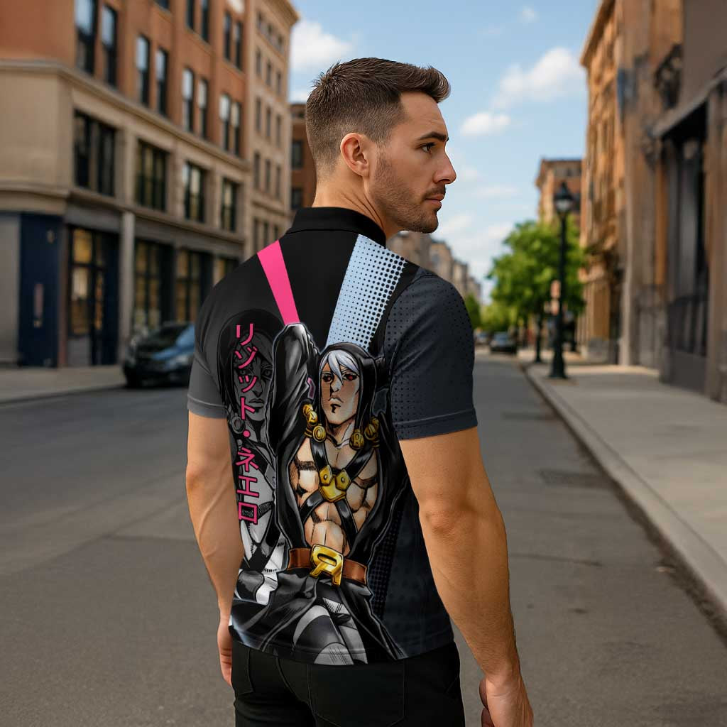 Risotto Nero JoJo’s Bizarre Adventure Zipper Polo Shirt with Dark Manga Style Graphic - The Mazicc