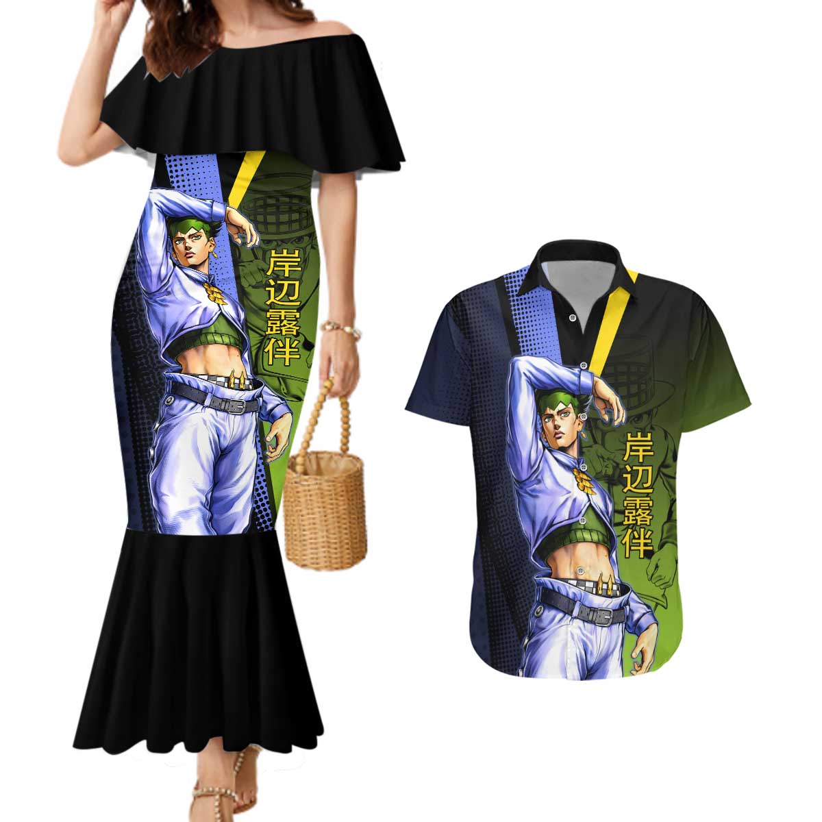 Rohan Kishibe JoJo’s Bizarre Adventure Couples Matching Mermaid Dress and Hawaiian Shirt with Heaven's Door Stand and Manga Style - The Mazicc