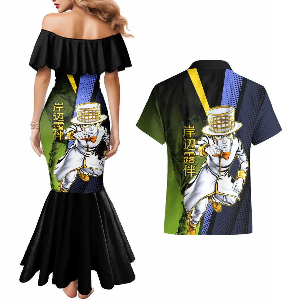 Rohan Kishibe JoJo’s Bizarre Adventure Couples Matching Mermaid Dress and Hawaiian Shirt with Heaven's Door Stand and Manga Style - The Mazicc