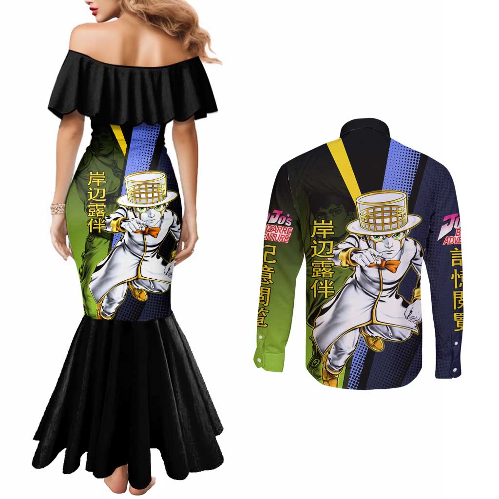 Rohan Kishibe JoJo’s Bizarre Adventure Couples Matching Mermaid Dress and Long Sleeve Button Shirt with Heaven's Door Stand and Manga Style - The Mazicc