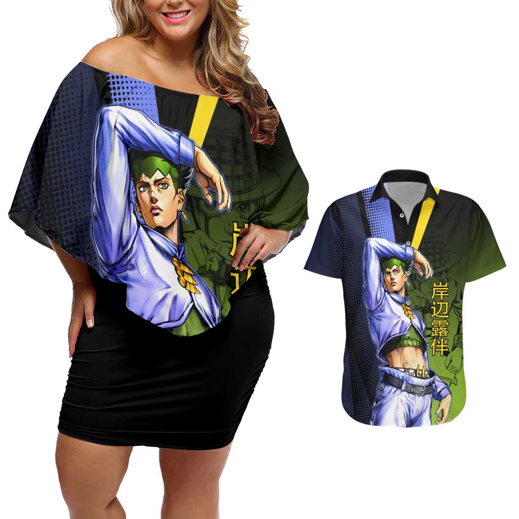 Rohan Kishibe JoJo’s Bizarre Adventure Couples Matching Off Shoulder Short Dress and Hawaiian Shirt with Heaven's Door Stand and Manga Style - The Mazicc
