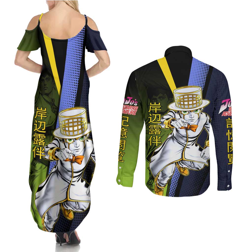 Rohan Kishibe JoJo’s Bizarre Adventure Couples Matching Summer Maxi Dress and Long Sleeve Button Shirt with Heaven's Door Stand and Manga Style - The Mazicc
