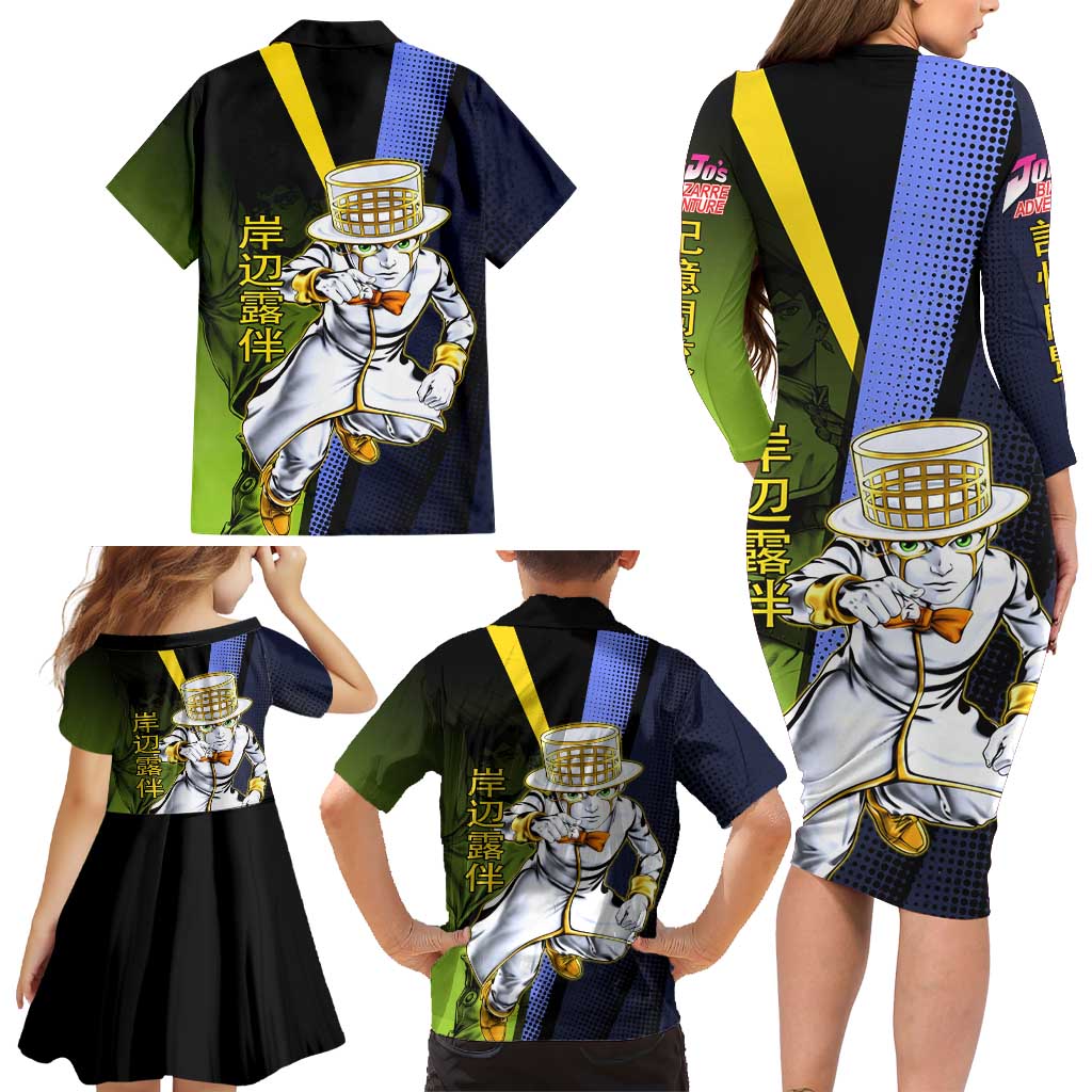 Rohan Kishibe JoJo’s Bizarre Adventure Family Matching Long Sleeve Bodycon Dress and Hawaiian Shirt with Heaven's Door Stand and Manga Style