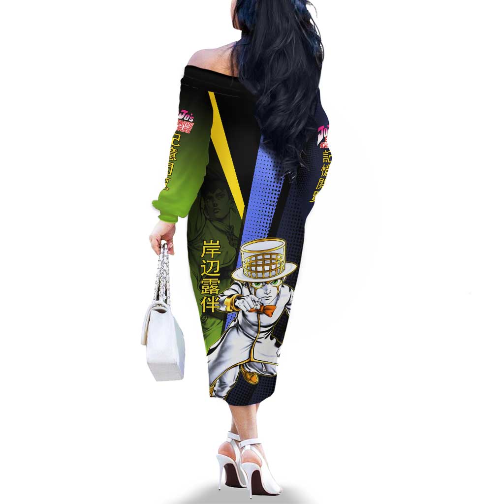 Rohan Kishibe JoJo’s Bizarre Adventure Family Matching Off The Shoulder Long Sleeve Dress and Hawaiian Shirt with Heaven's Door Stand and Manga Style