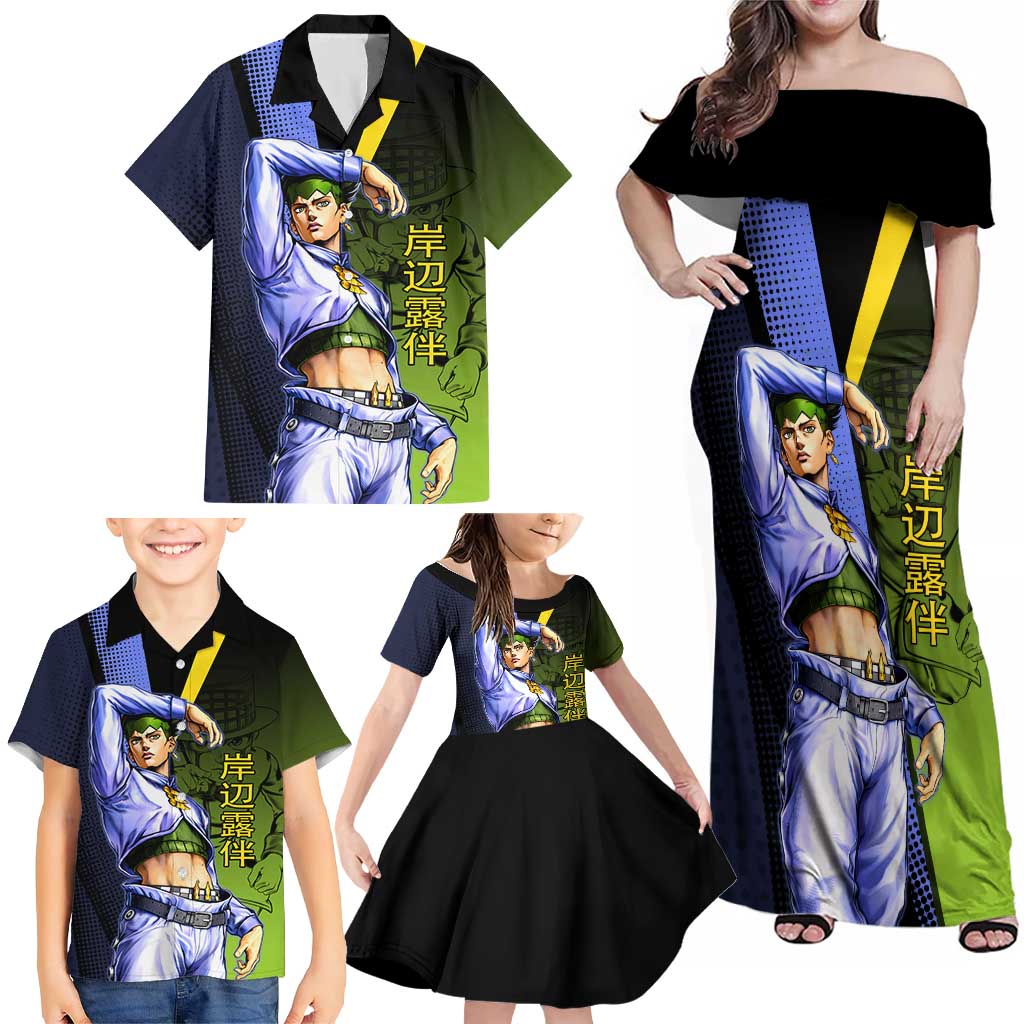 Rohan Kishibe JoJo’s Bizarre Adventure Family Matching Off Shoulder Maxi Dress and Hawaiian Shirt with Heaven's Door Stand and Manga Style