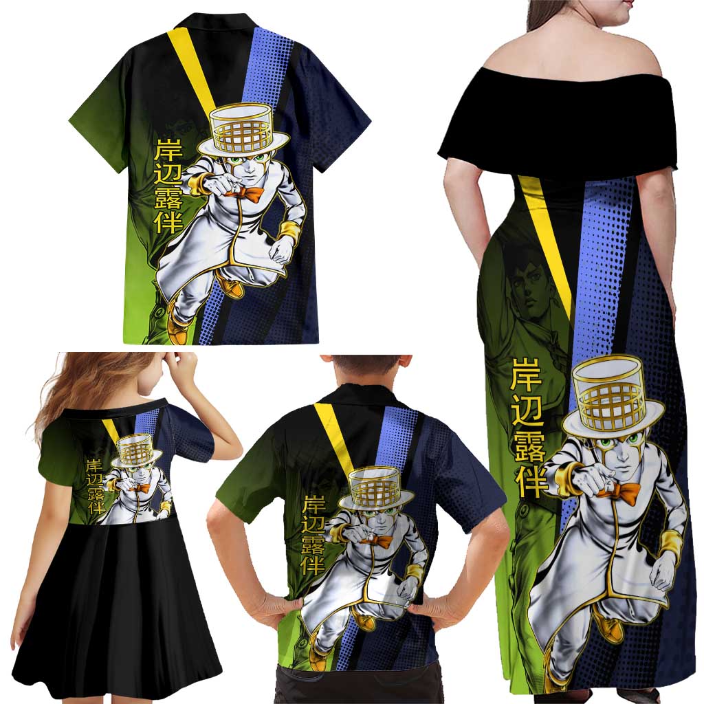 Rohan Kishibe JoJo’s Bizarre Adventure Family Matching Off Shoulder Maxi Dress and Hawaiian Shirt with Heaven's Door Stand and Manga Style