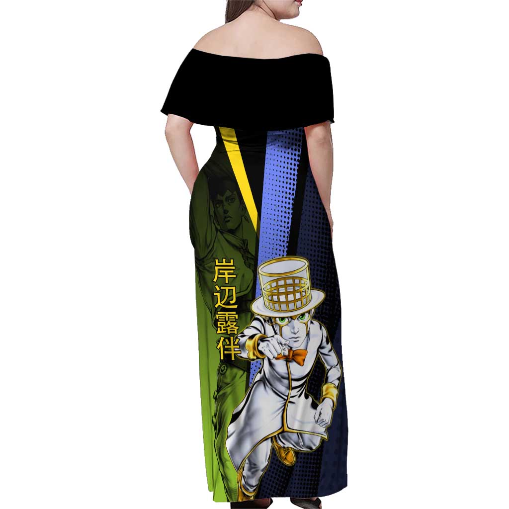 Rohan Kishibe JoJo’s Bizarre Adventure Family Matching Off Shoulder Maxi Dress and Hawaiian Shirt with Heaven's Door Stand and Manga Style