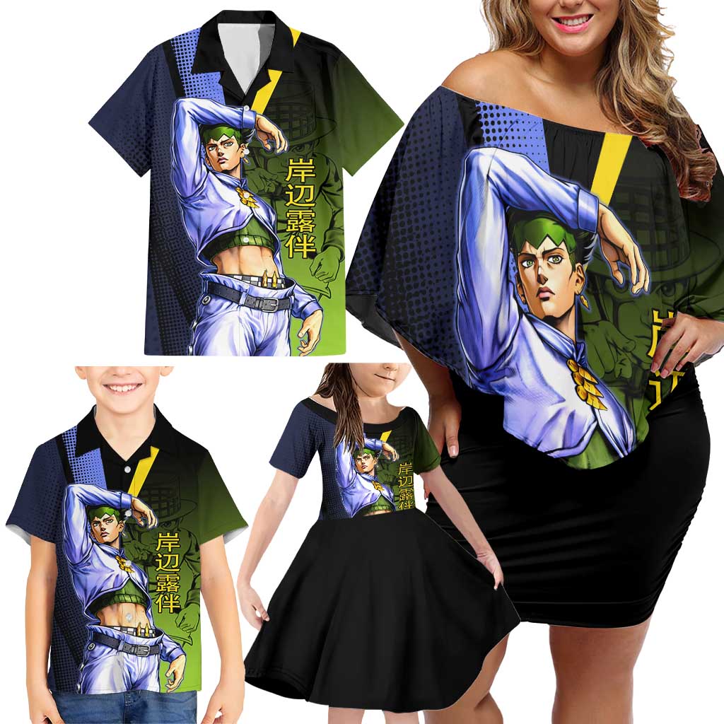 Rohan Kishibe JoJo’s Bizarre Adventure Family Matching Off Shoulder Short Dress and Hawaiian Shirt with Heaven's Door Stand and Manga Style