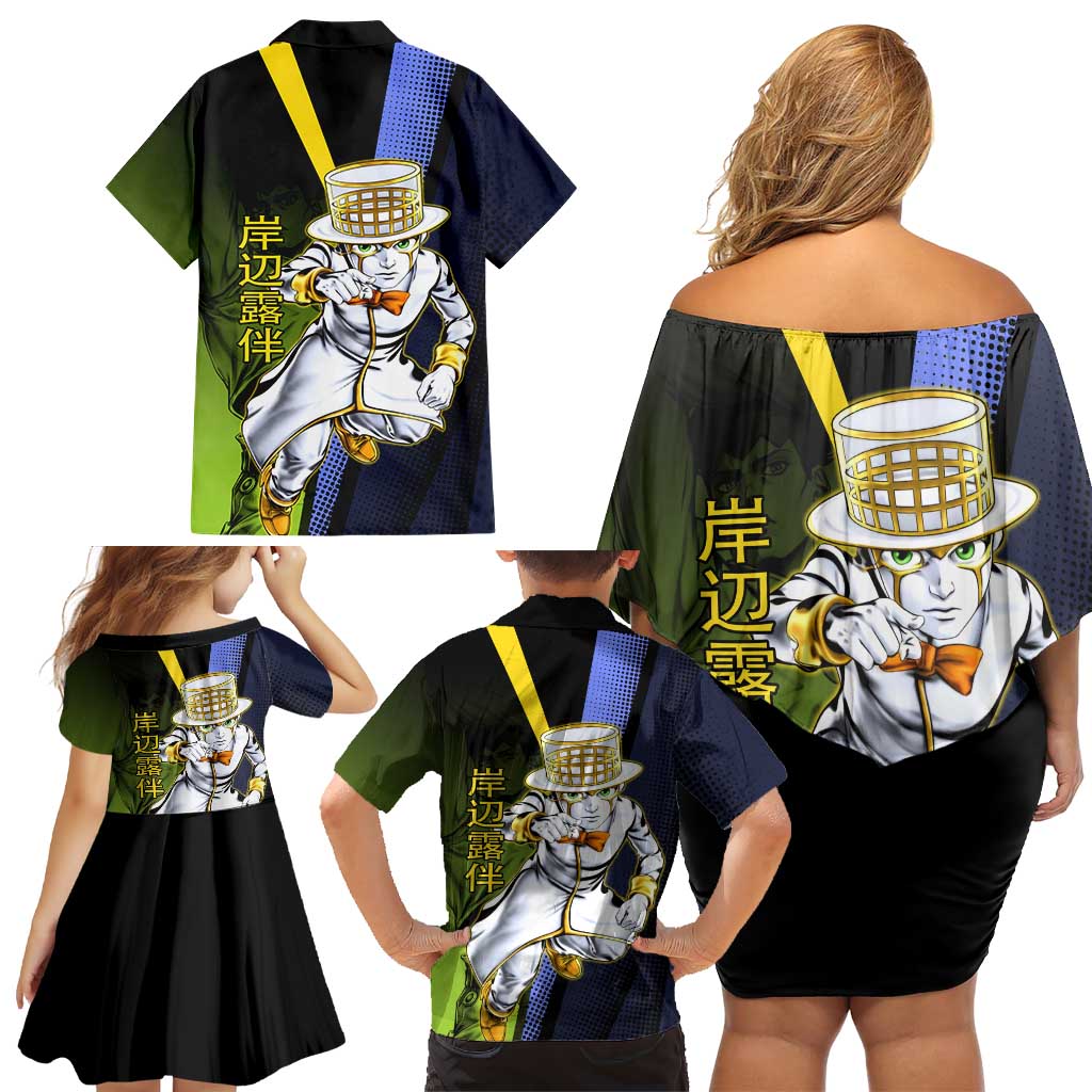 Rohan Kishibe JoJo’s Bizarre Adventure Family Matching Off Shoulder Short Dress and Hawaiian Shirt with Heaven's Door Stand and Manga Style