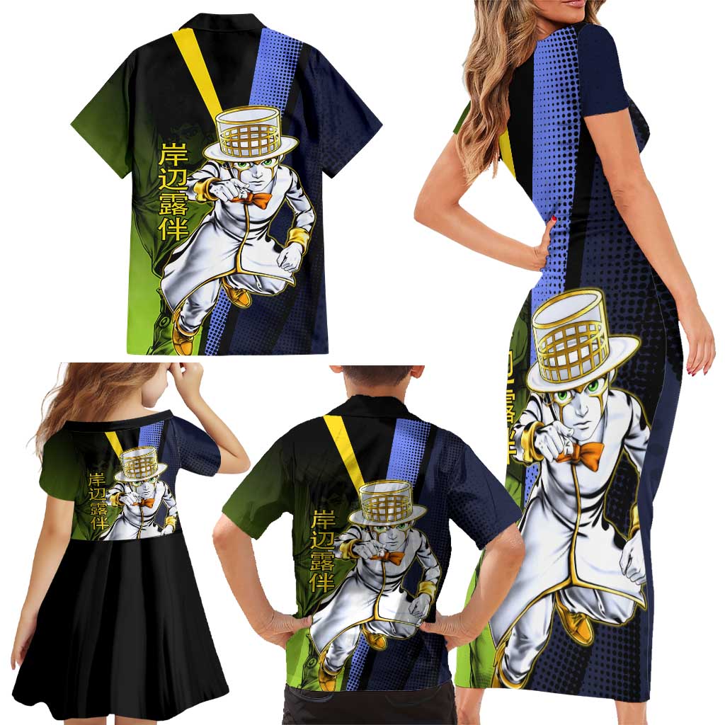 Rohan Kishibe JoJo’s Bizarre Adventure Family Matching Short Sleeve Bodycon Dress and Hawaiian Shirt with Heaven's Door Stand and Manga Style