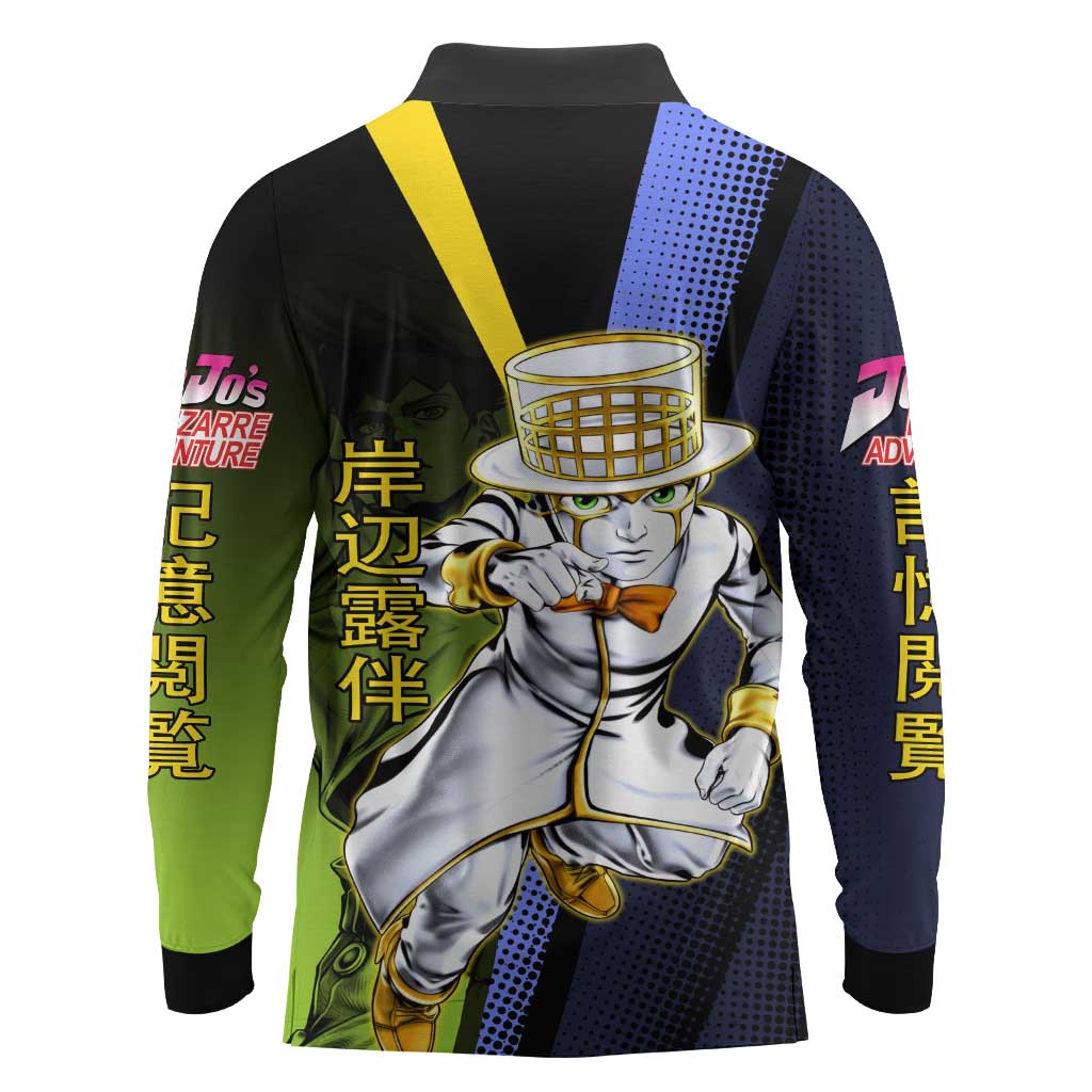 Rohan Kishibe JoJo’s Bizarre Adventure Long Sleeve Polo Shirt with Heaven's Door Stand and Manga Style - The Mazicc