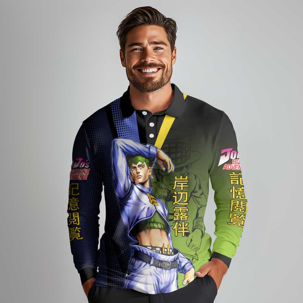 Rohan Kishibe JoJo’s Bizarre Adventure Long Sleeve Polo Shirt with Heaven's Door Stand and Manga Style - The Mazicc