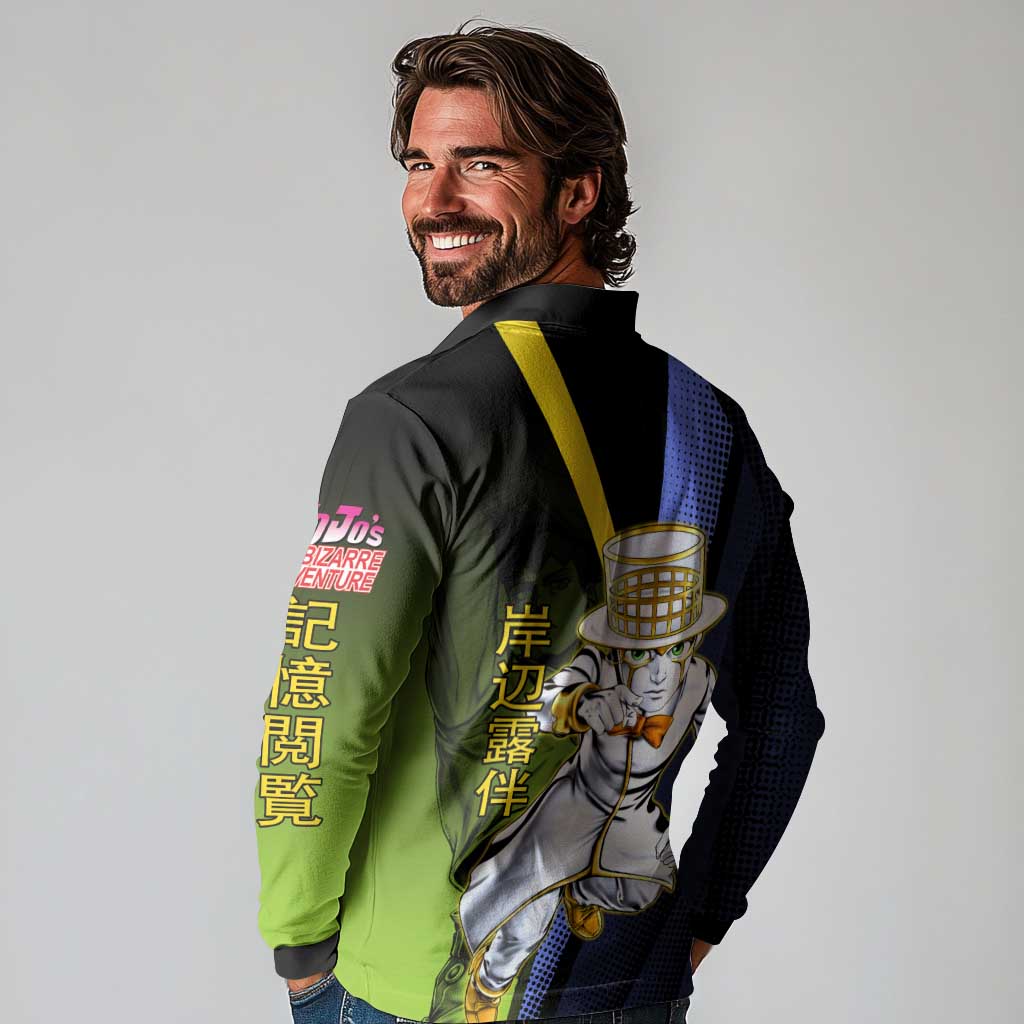 Rohan Kishibe JoJo’s Bizarre Adventure Long Sleeve Polo Shirt with Heaven's Door Stand and Manga Style - The Mazicc