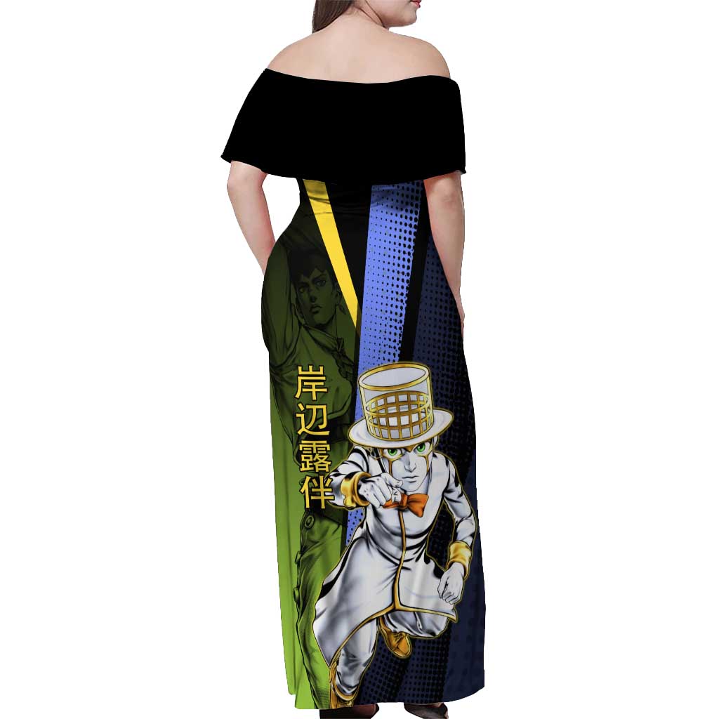 Rohan Kishibe JoJo’s Bizarre Adventure Off Shoulder Maxi Dress with Heaven's Door Stand and Manga Style - The Mazicc