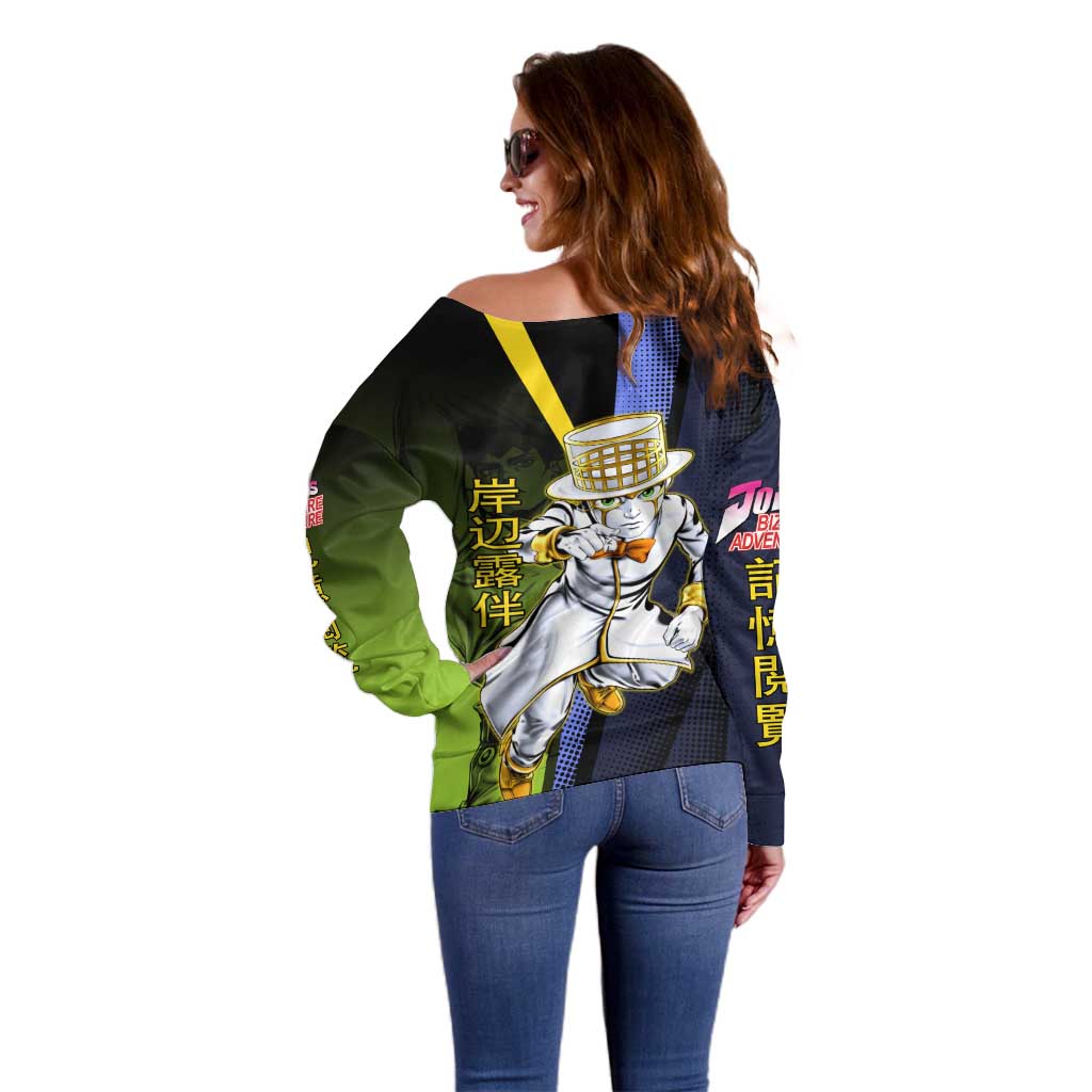 Rohan Kishibe JoJo’s Bizarre Adventure Off Shoulder Sweater with Heaven's Door Stand and Manga Style - The Mazicc