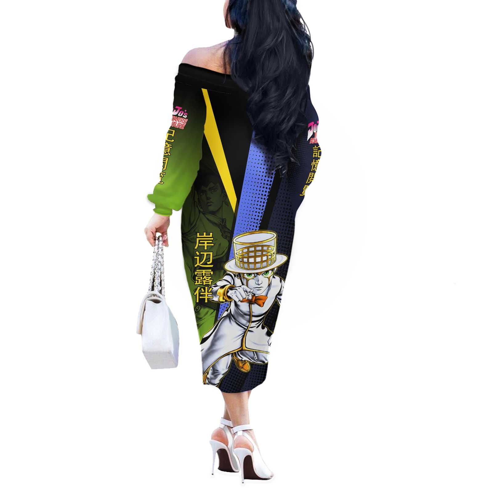 Rohan Kishibe JoJo’s Bizarre Adventure Off The Shoulder Long Sleeve Dress with Heaven's Door Stand and Manga Style - The Mazicc