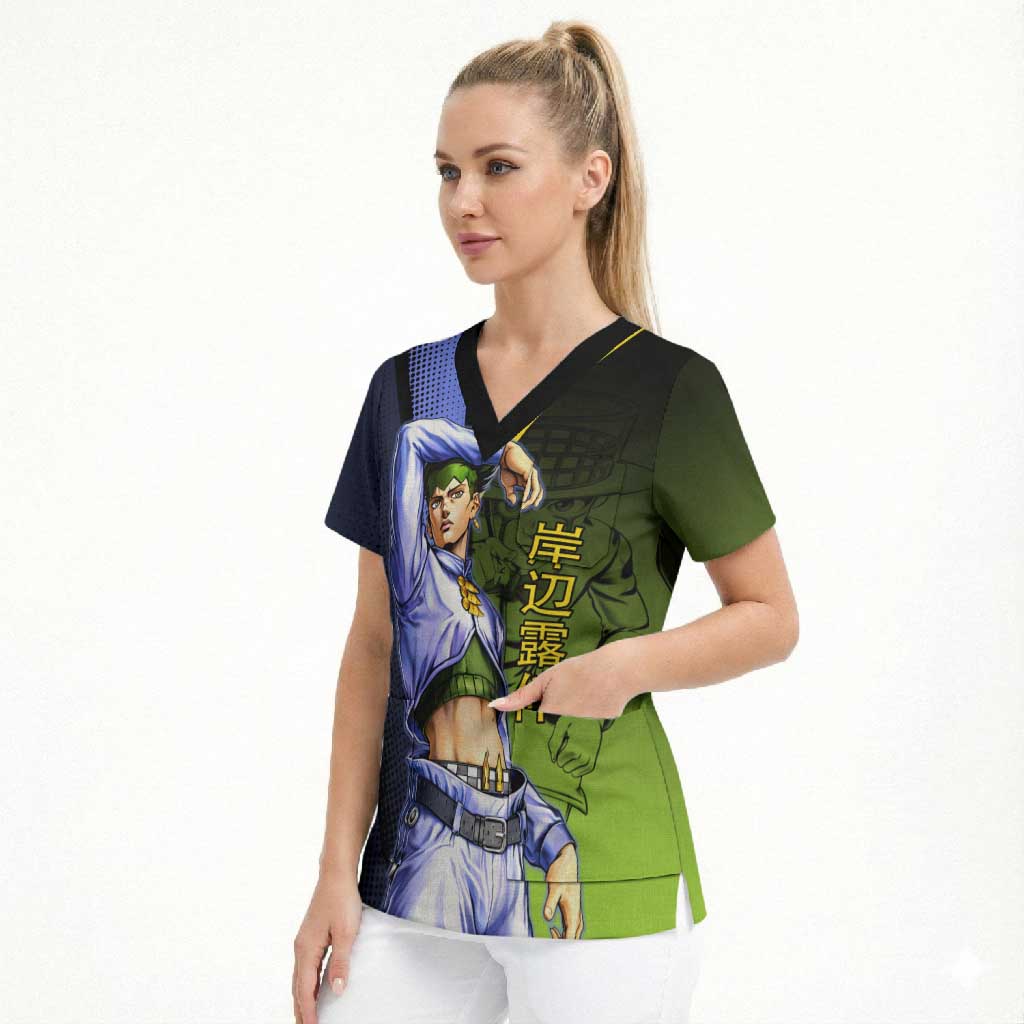 Rohan Kishibe JoJo’s Bizarre Adventure Scrub Top with Heaven's Door Stand and Manga Style - The Mazicc
