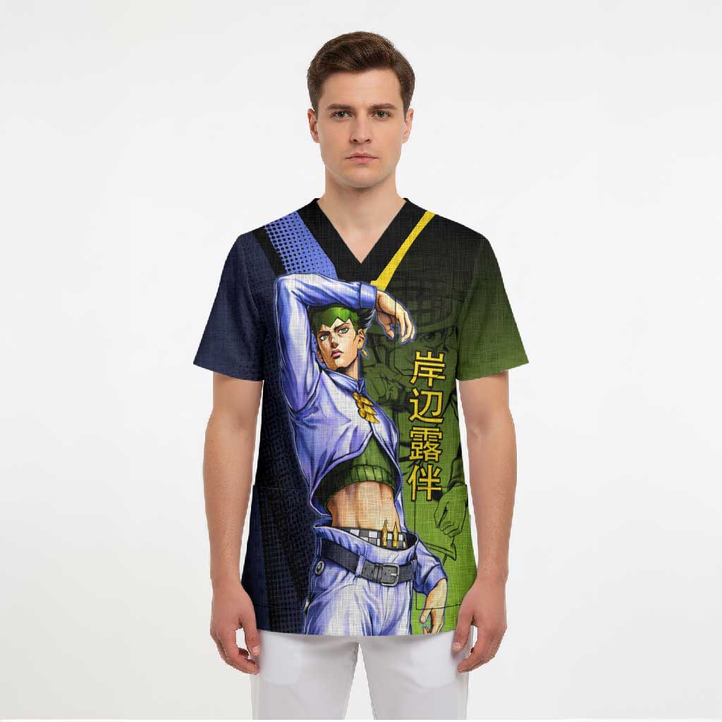 Rohan Kishibe JoJo’s Bizarre Adventure Scrub Top with Heaven's Door Stand and Manga Style - The Mazicc