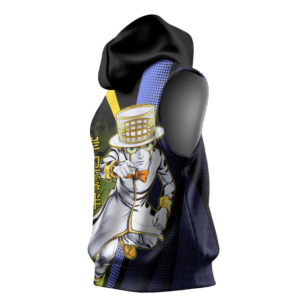 Rohan Kishibe JoJo’s Bizarre Adventure Sleeveless Hoodie with Heaven's Door Stand and Manga Style - The Mazicc