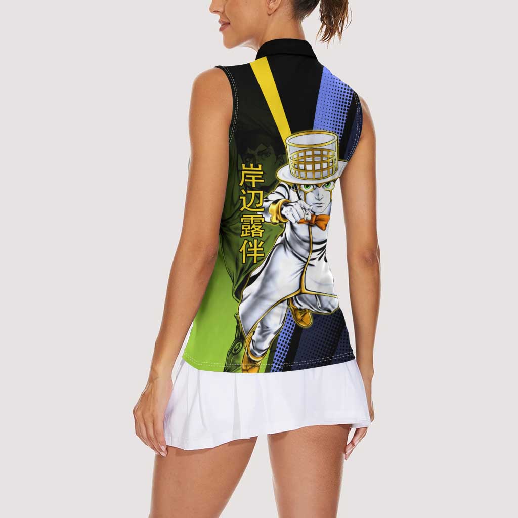 Rohan Kishibe JoJo’s Bizarre Adventure Women Sleeveless Polo Shirt with Heaven's Door Stand and Manga Style - The Mazicc