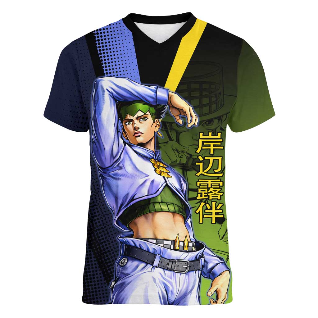Rohan Kishibe JoJo’s Bizarre Adventure Women V-Neck T-Shirt with Heaven's Door Stand and Manga Style - The Mazicc