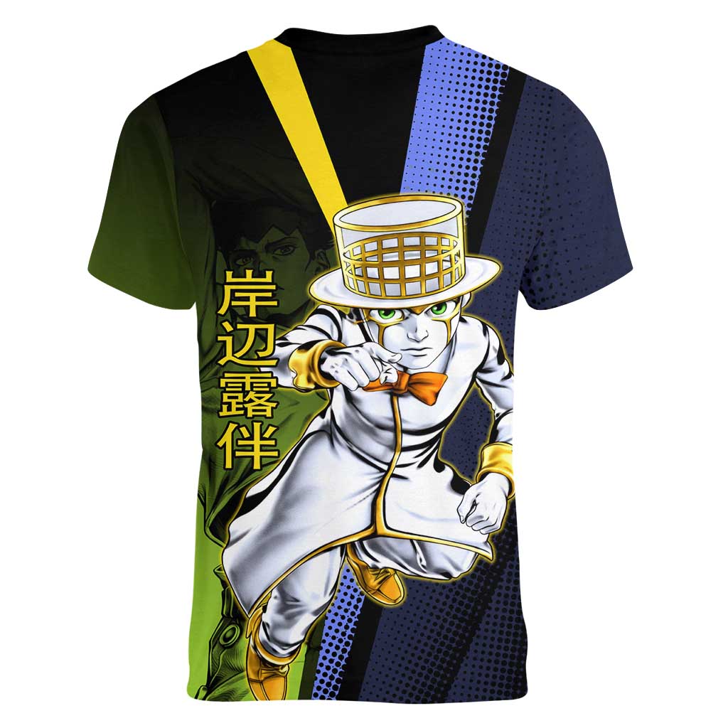 Rohan Kishibe JoJo’s Bizarre Adventure Women V-Neck T-Shirt with Heaven's Door Stand and Manga Style - The Mazicc