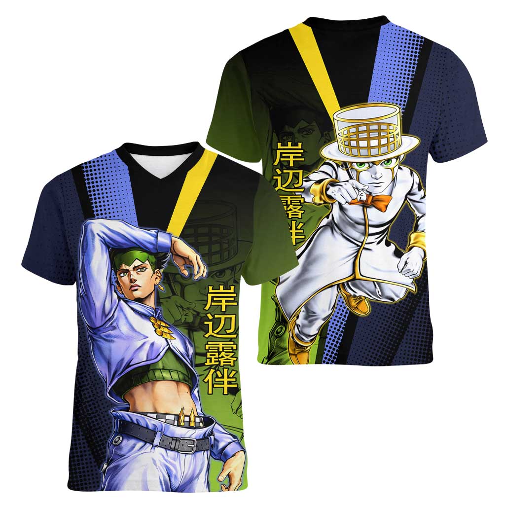 Rohan Kishibe JoJo’s Bizarre Adventure Women V-Neck T-Shirt with Heaven's Door Stand and Manga Style - The Mazicc
