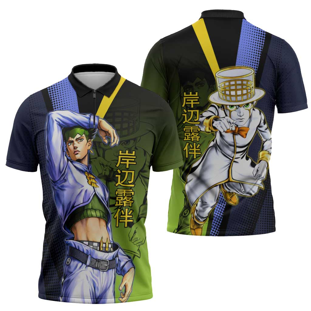 Rohan Kishibe JoJo’s Bizarre Adventure Zipper Polo Shirt with Heaven's Door Stand and Manga Style - The Mazicc