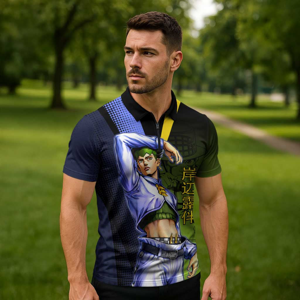 Rohan Kishibe JoJo’s Bizarre Adventure Zipper Polo Shirt with Heaven's Door Stand and Manga Style - The Mazicc