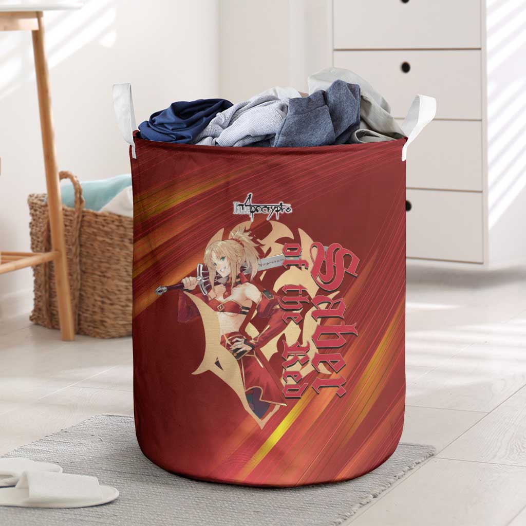Saber of Red Fate Apocrypha Theme Laundry Basket with Sword Pose and Fiery Red Gradient Graphic Design - The Mazicc