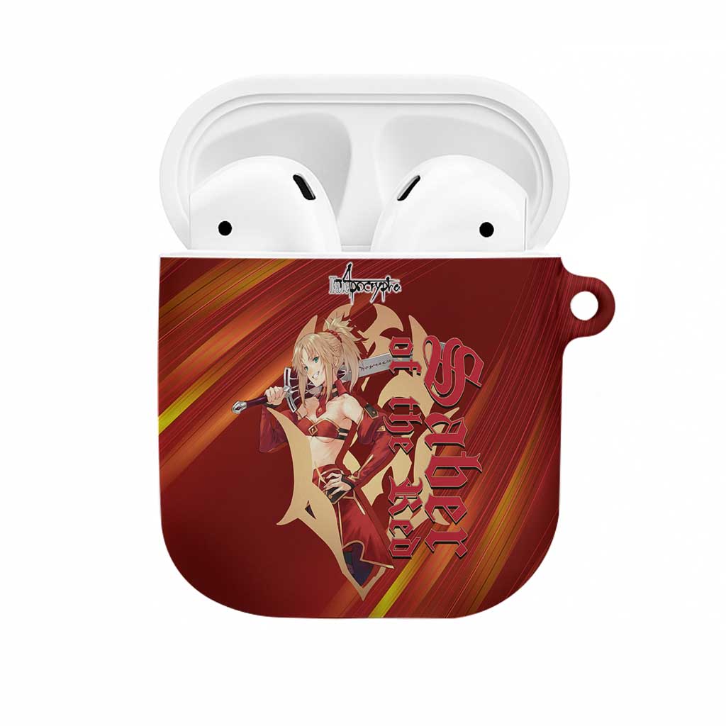 Saber of Red Fate Apocrypha Theme AirPods Case with Sword Pose and Fiery Red Gradient Graphic Design - The Mazicc
