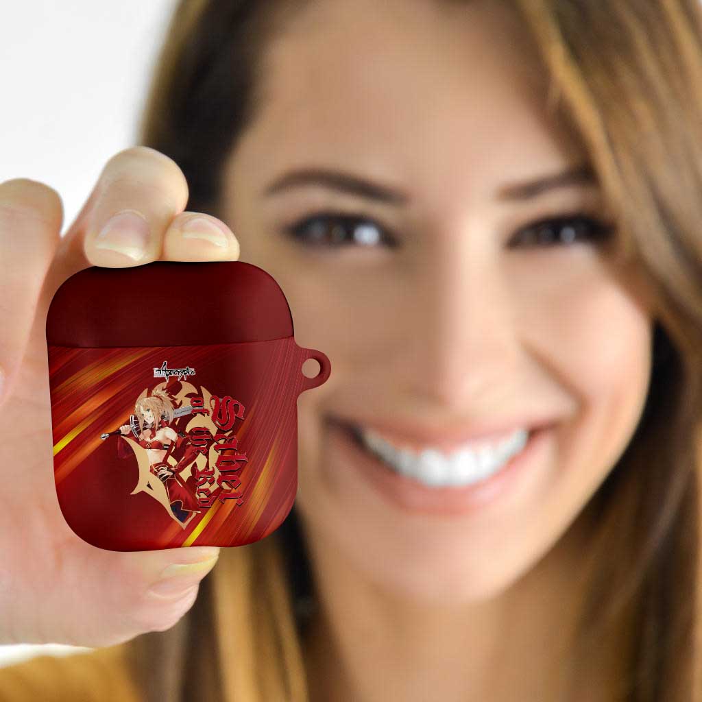 Saber of Red Fate Apocrypha Theme AirPods Case with Sword Pose and Fiery Red Gradient Graphic Design - The Mazicc
