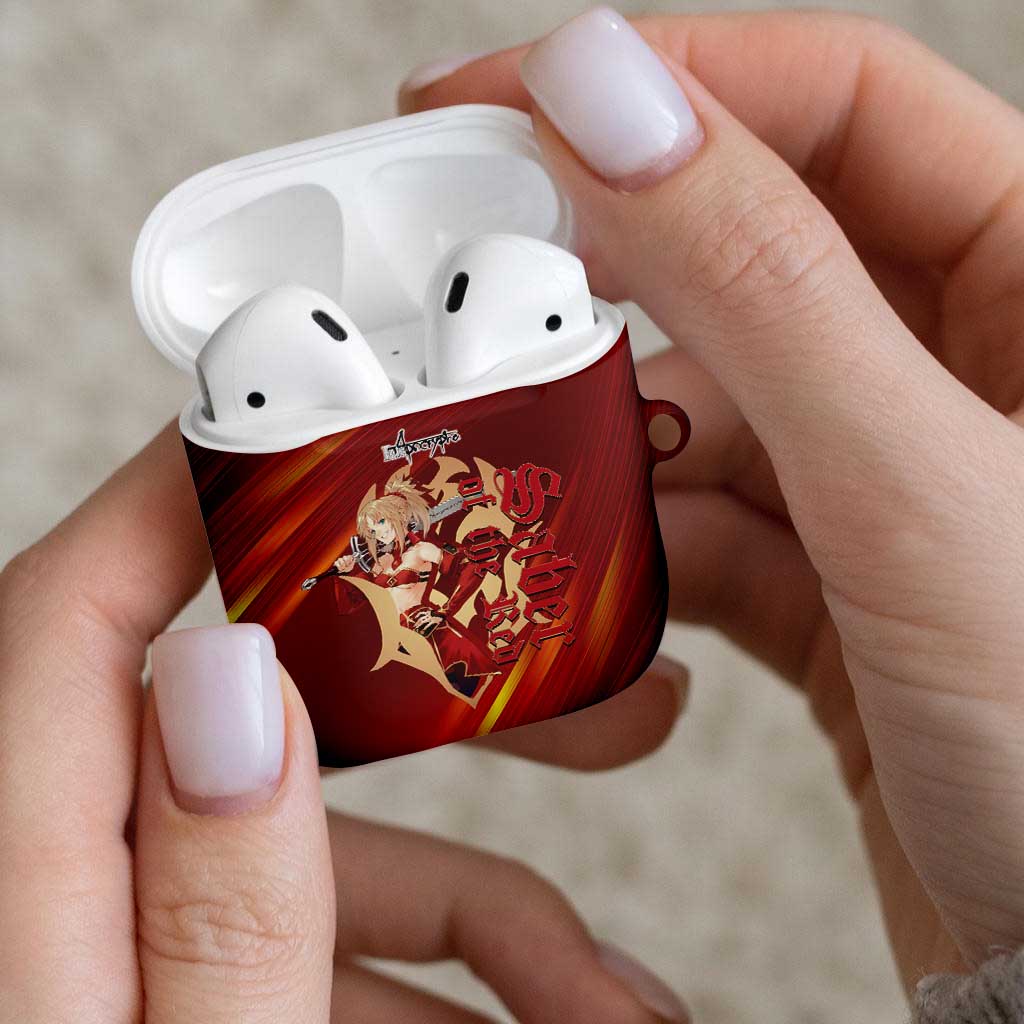 Saber of Red Fate Apocrypha Theme AirPods Case with Sword Pose and Fiery Red Gradient Graphic Design - The Mazicc