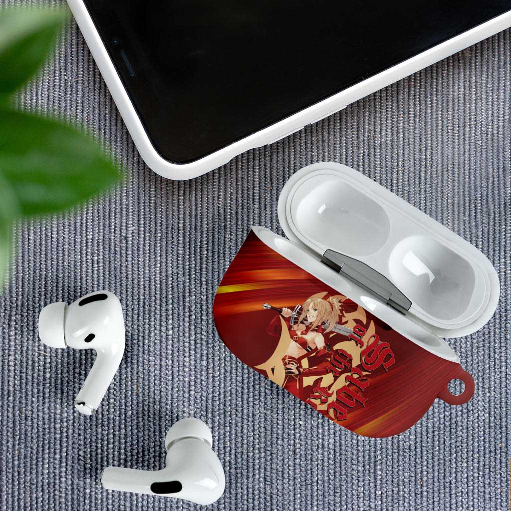 Saber of Red Fate Apocrypha Theme AirPods Case with Sword Pose and Fiery Red Gradient Graphic Design - The Mazicc