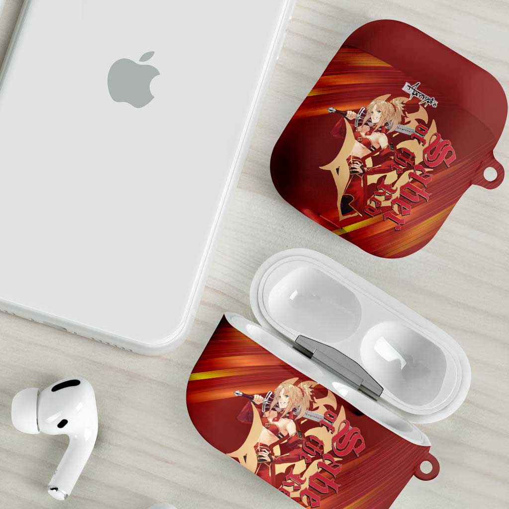 Saber of Red Fate Apocrypha Theme AirPods Case with Sword Pose and Fiery Red Gradient Graphic Design - The Mazicc