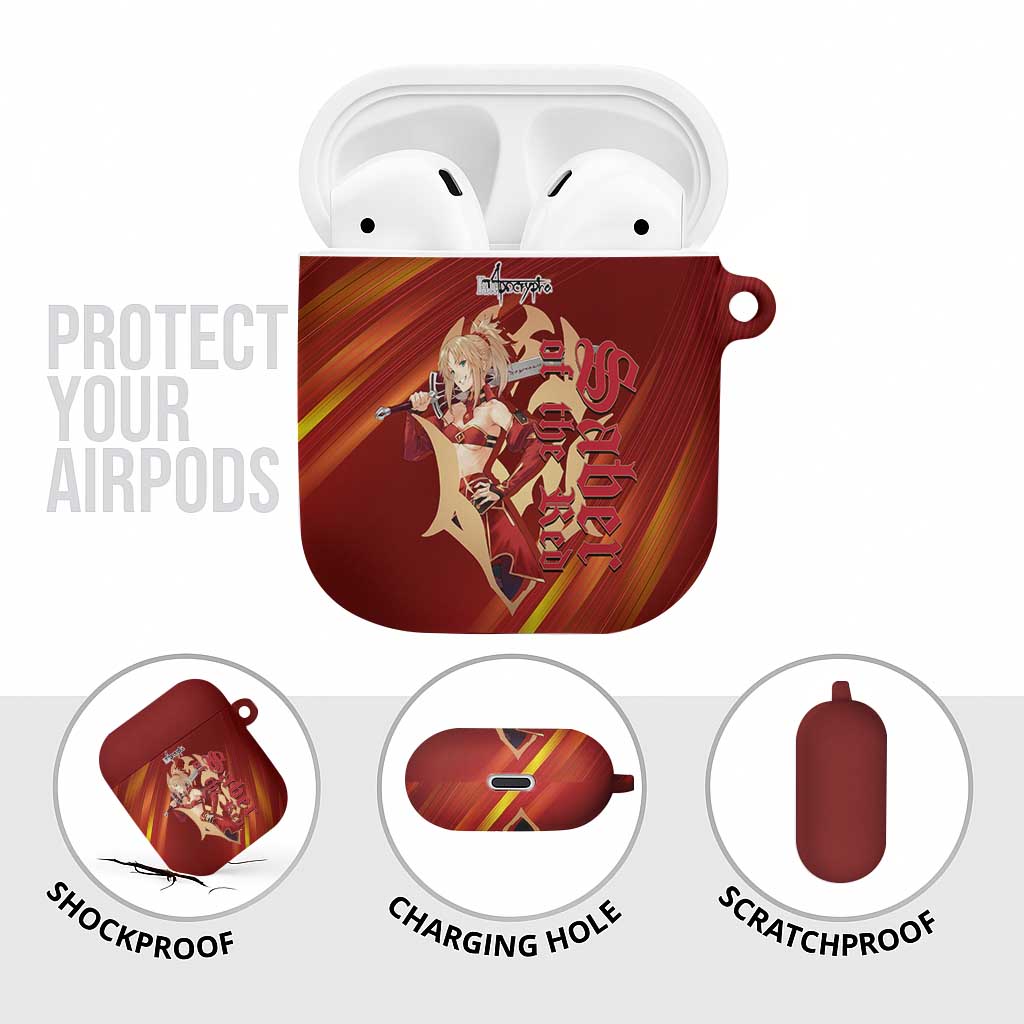 Saber of Red Fate Apocrypha Theme AirPods Case with Sword Pose and Fiery Red Gradient Graphic Design - The Mazicc
