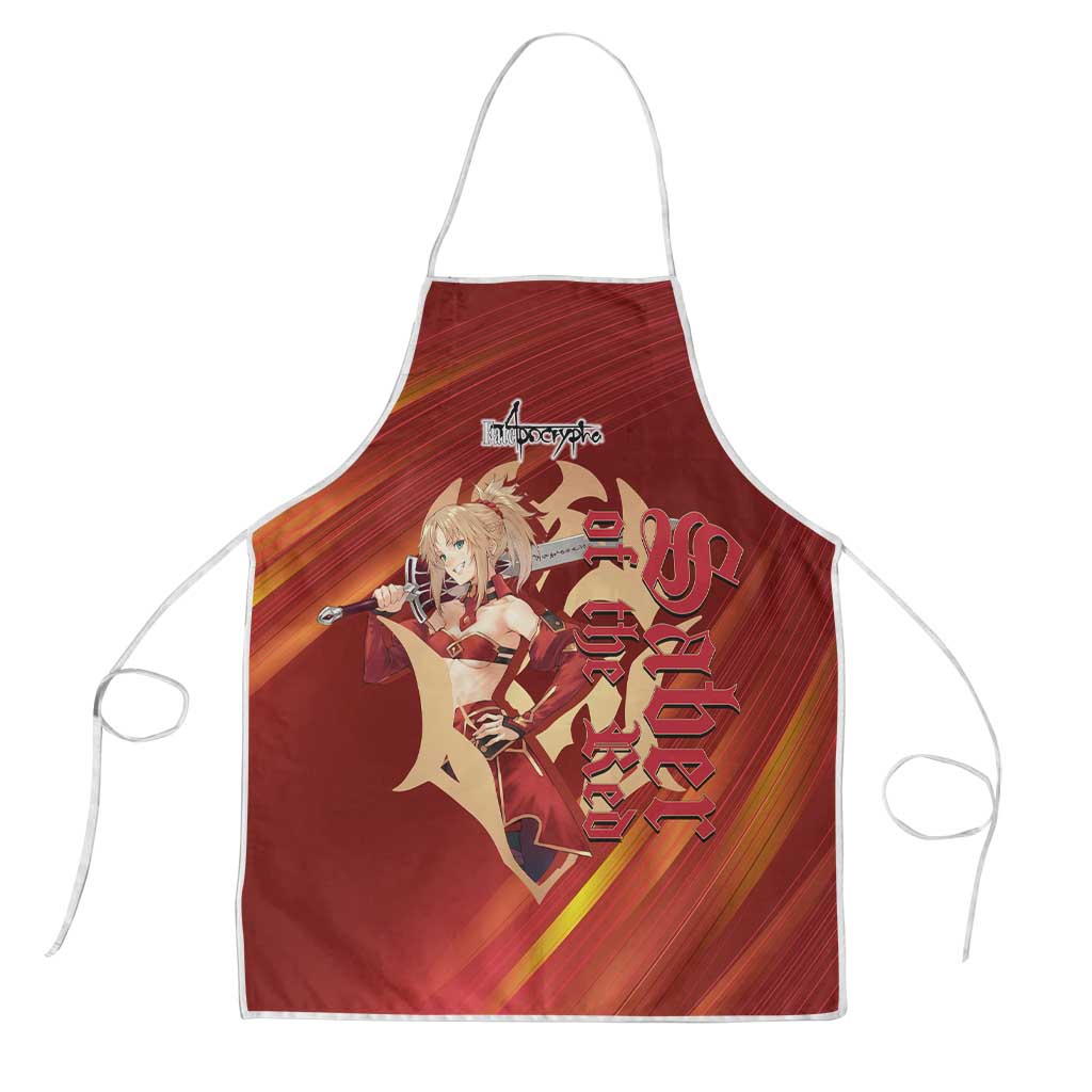 Saber of Red Fate Apocrypha Theme Apron with Sword Pose and Fiery Red Gradient Graphic Design - The Mazicc