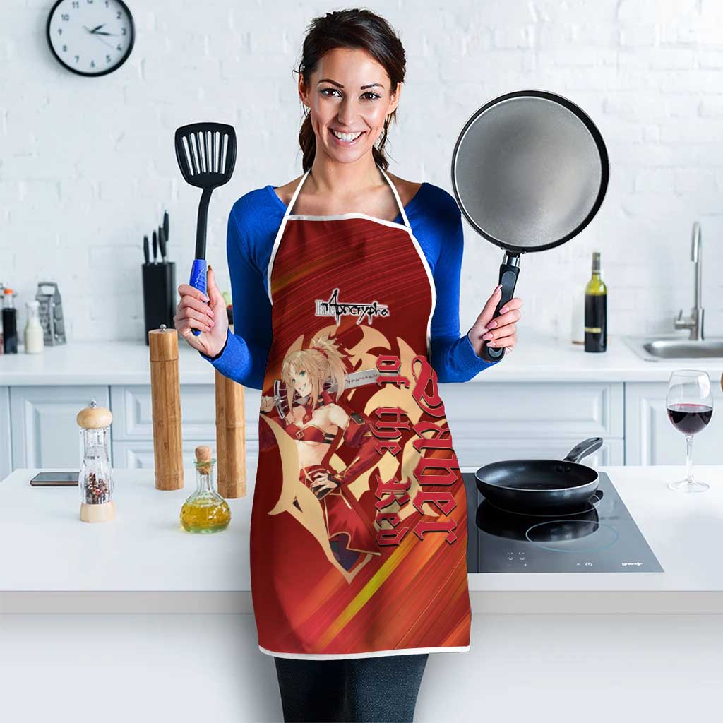 Saber of Red Fate Apocrypha Theme Apron with Sword Pose and Fiery Red Gradient Graphic Design - The Mazicc