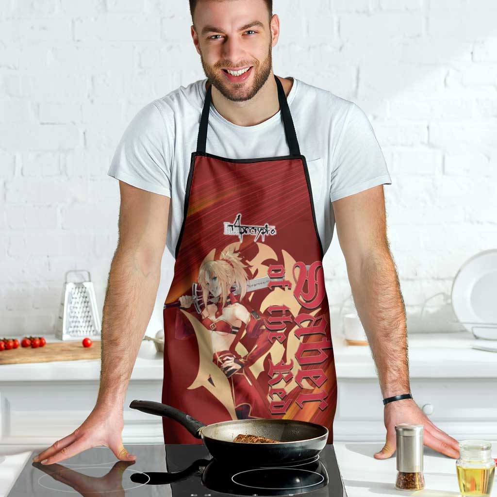 Saber of Red Fate Apocrypha Theme Apron with Sword Pose and Fiery Red Gradient Graphic Design - The Mazicc