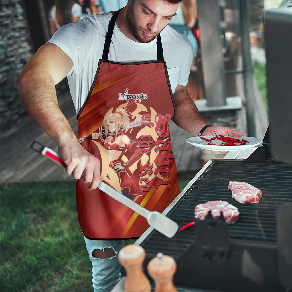 Saber of Red Fate Apocrypha Theme Apron with Sword Pose and Fiery Red Gradient Graphic Design - The Mazicc
