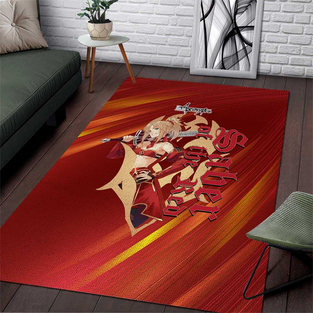 Saber of Red Fate Apocrypha Theme Area Rug with Sword Pose and Fiery Red Gradient Graphic Design - The Mazicc