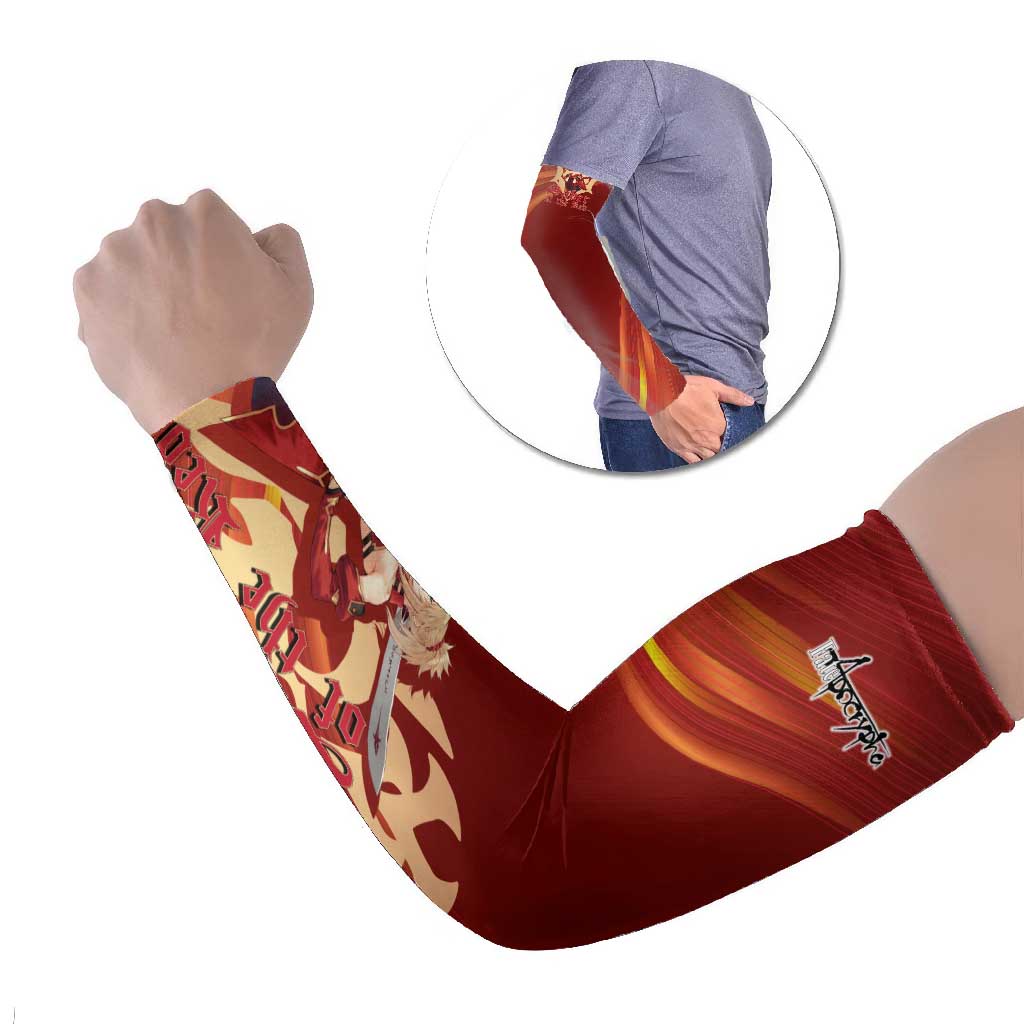 Saber of Red Fate Apocrypha Theme Arm Sleeves with Sword Pose and Fiery Red Gradient Graphic Design - The Mazicc