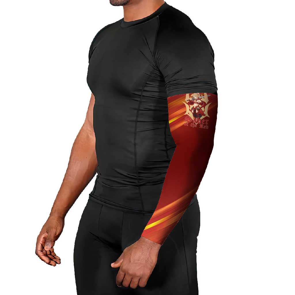 Saber of Red Fate Apocrypha Theme Arm Sleeves with Sword Pose and Fiery Red Gradient Graphic Design - The Mazicc