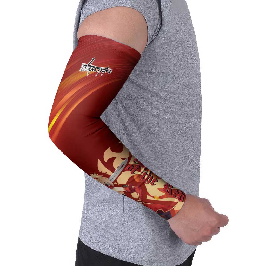 Saber of Red Fate Apocrypha Theme Arm Sleeves with Sword Pose and Fiery Red Gradient Graphic Design - The Mazicc