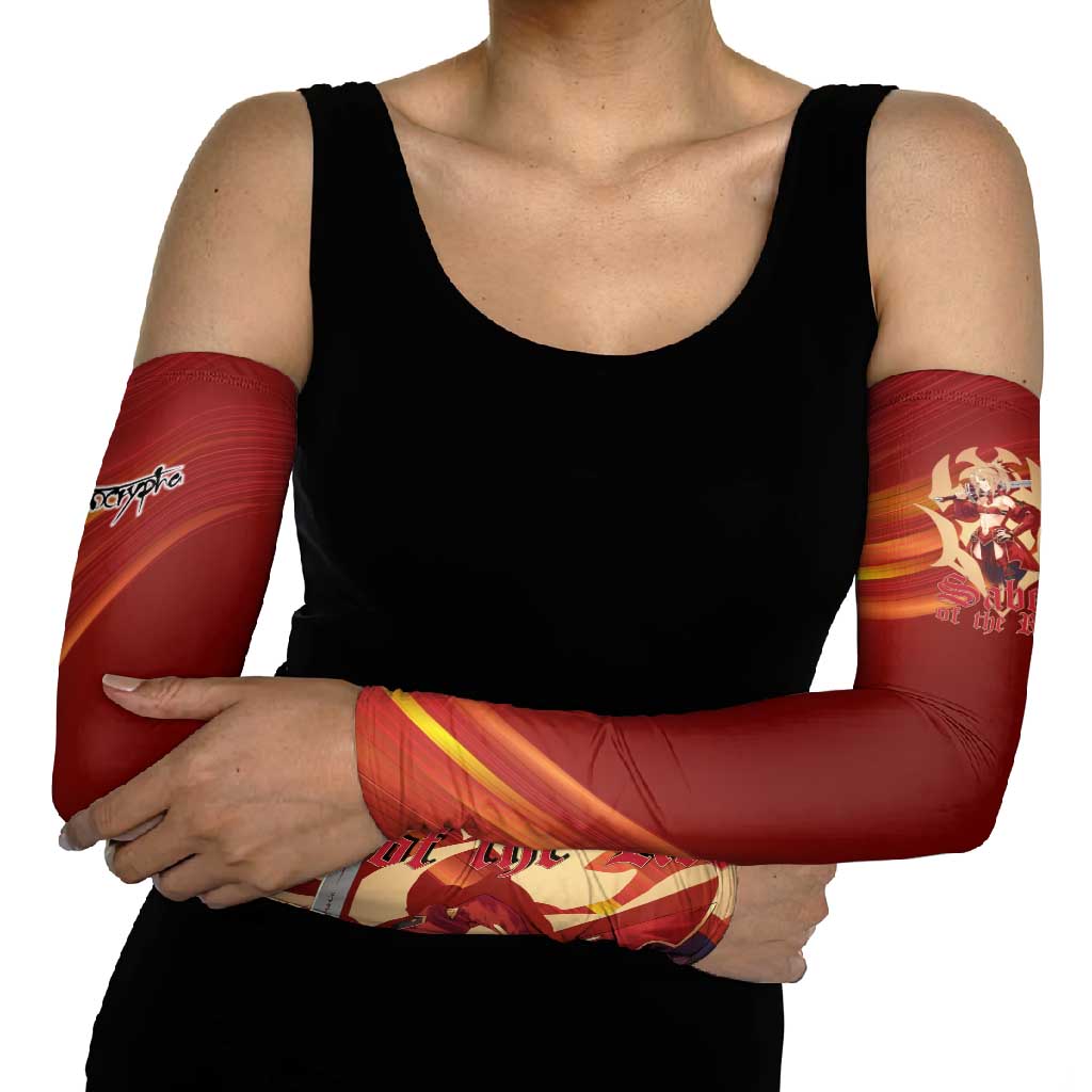 Saber of Red Fate Apocrypha Theme Arm Sleeves with Sword Pose and Fiery Red Gradient Graphic Design - The Mazicc