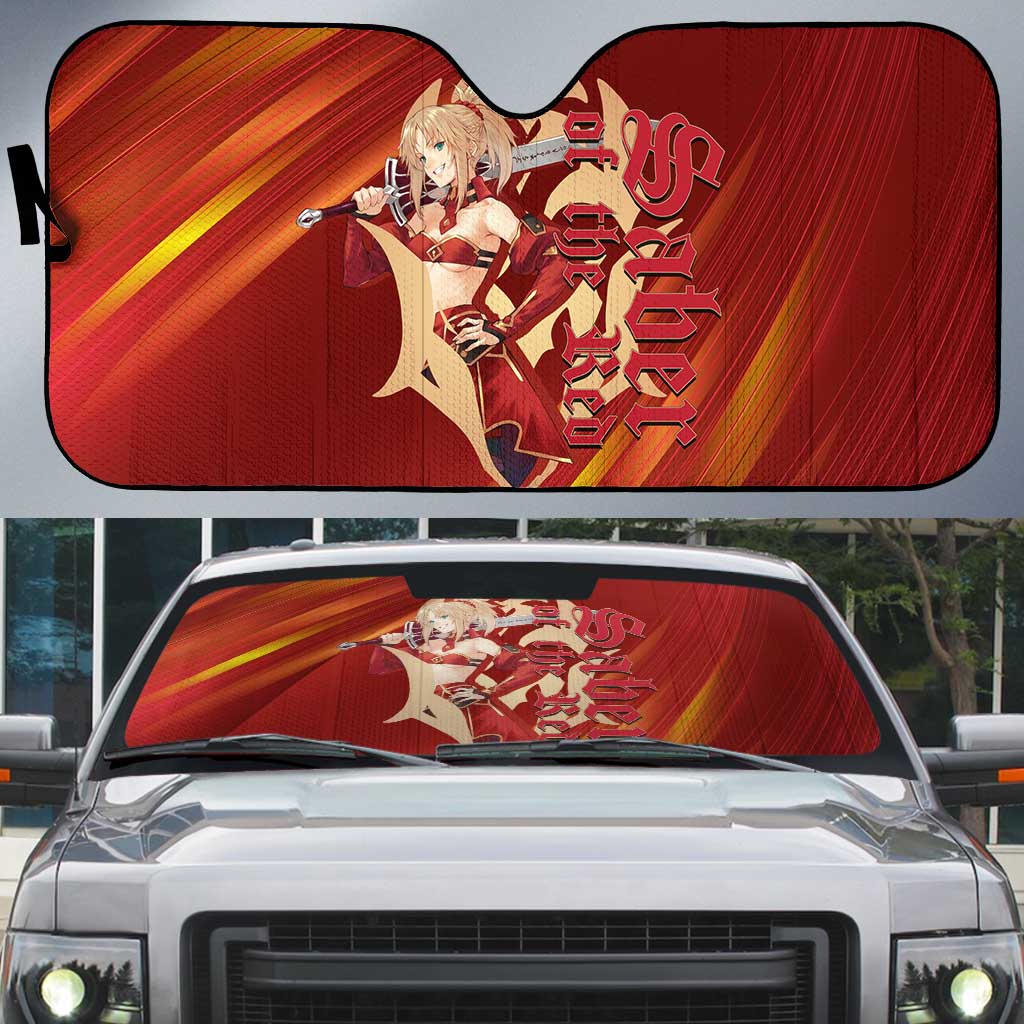 Saber of Red Fate Apocrypha Theme Auto Sun Shade with Sword Pose and Fiery Red Gradient Graphic Design - The Mazicc