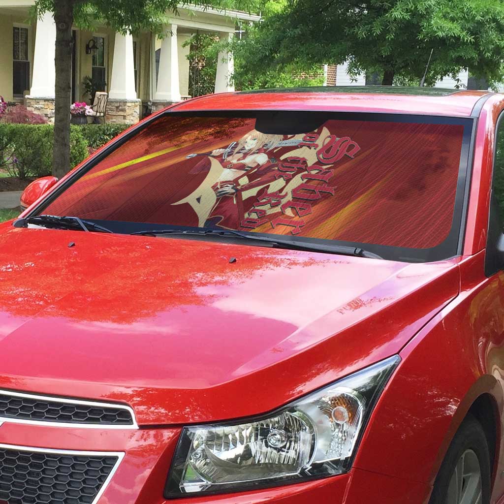 Saber of Red Fate Apocrypha Theme Auto Sun Shade with Sword Pose and Fiery Red Gradient Graphic Design - The Mazicc